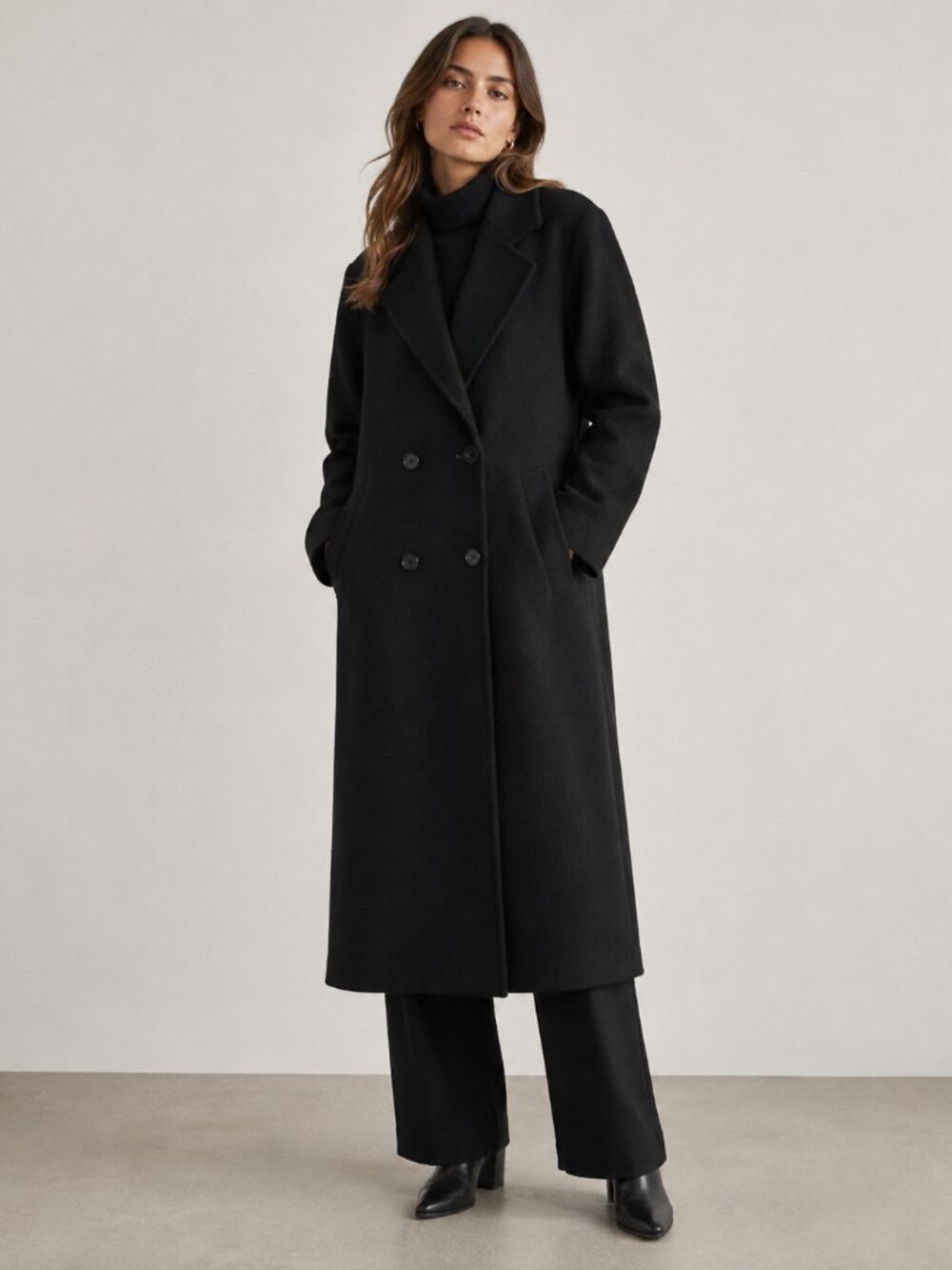 Jones New York Vintage Black 100% Virgin Wool Double Breasted Maxi Coat XL 16 18